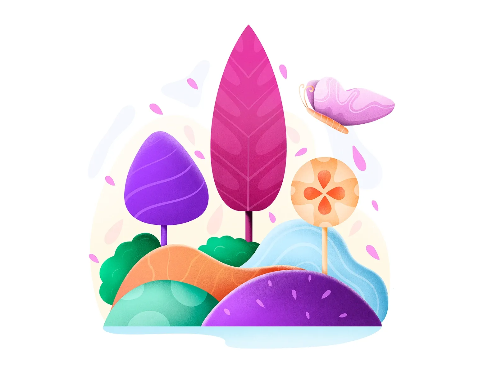 Flat illustration of stylised trees and rolling hills with a butterfly overhead, by Mako Zakaidze