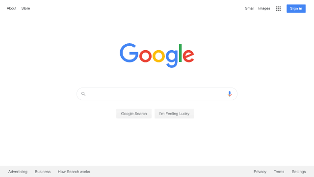 The Google homepage, a single search box on an otherwise empty white page