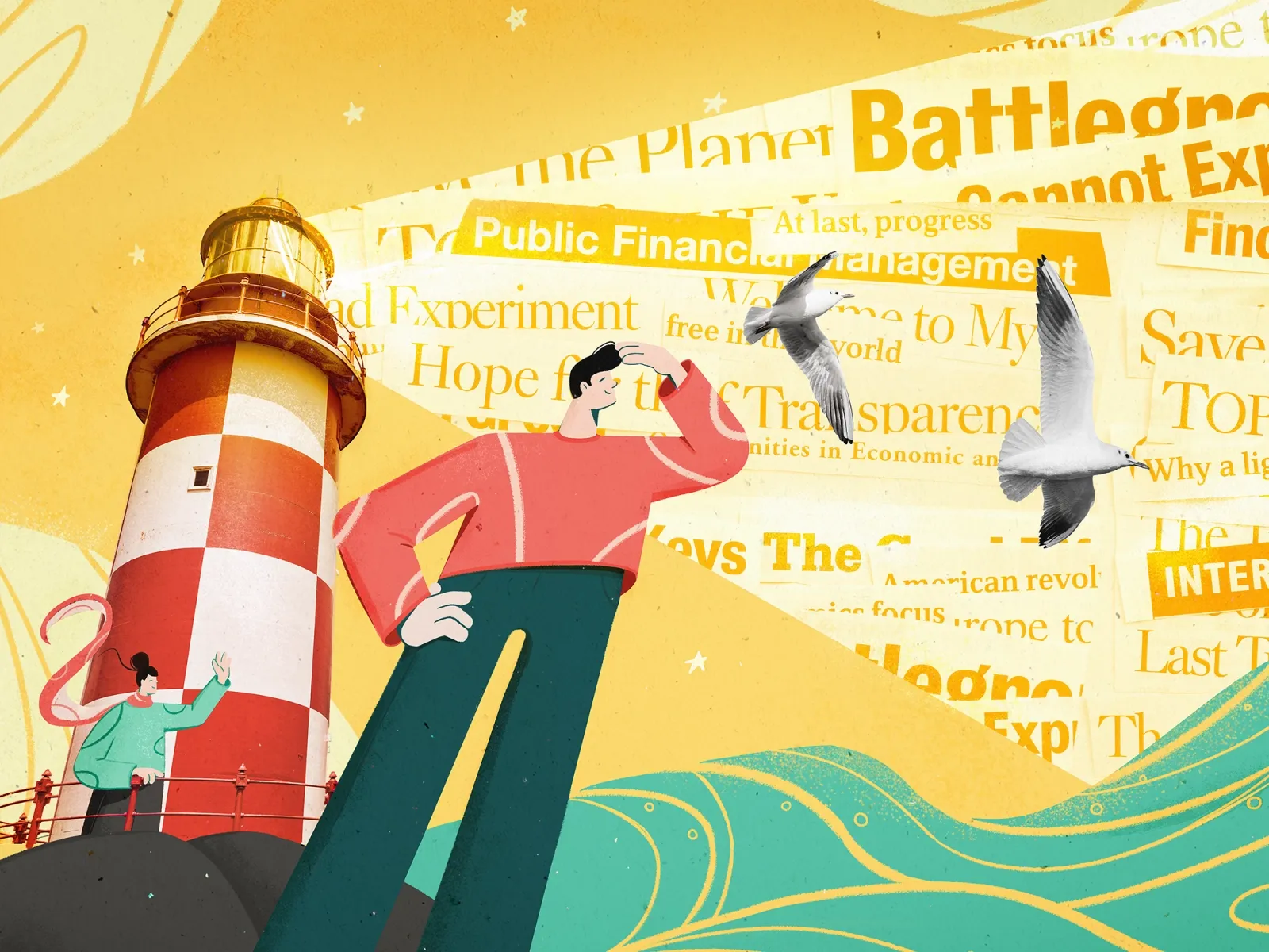 Illustration of a figure calling out beside a lighthouse against a collage of newspaper headlines and seagulls, by Anna Yashina