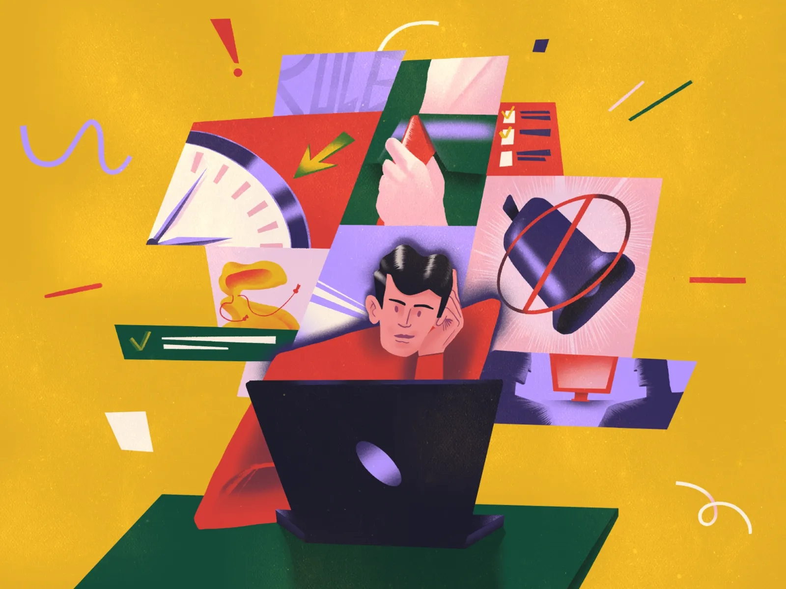 Illustration of a person at a laptop surrounded by fragments of video calls, alerts and a crossed-out bell, by Anton Kakhidze