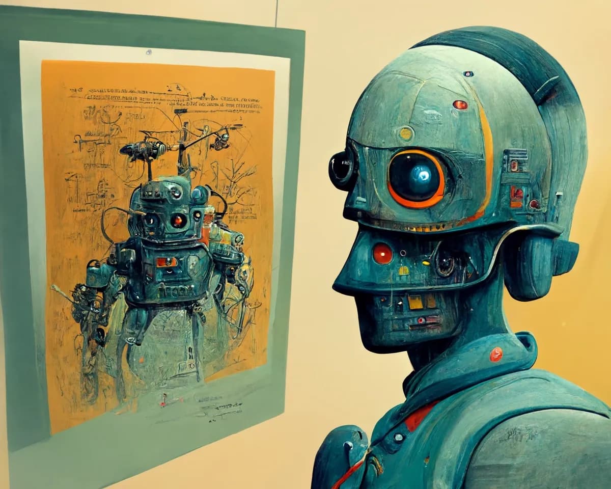Painting of a retro robot studying a framed technical drawing of itself on a gallery wall, by Samson Vowles