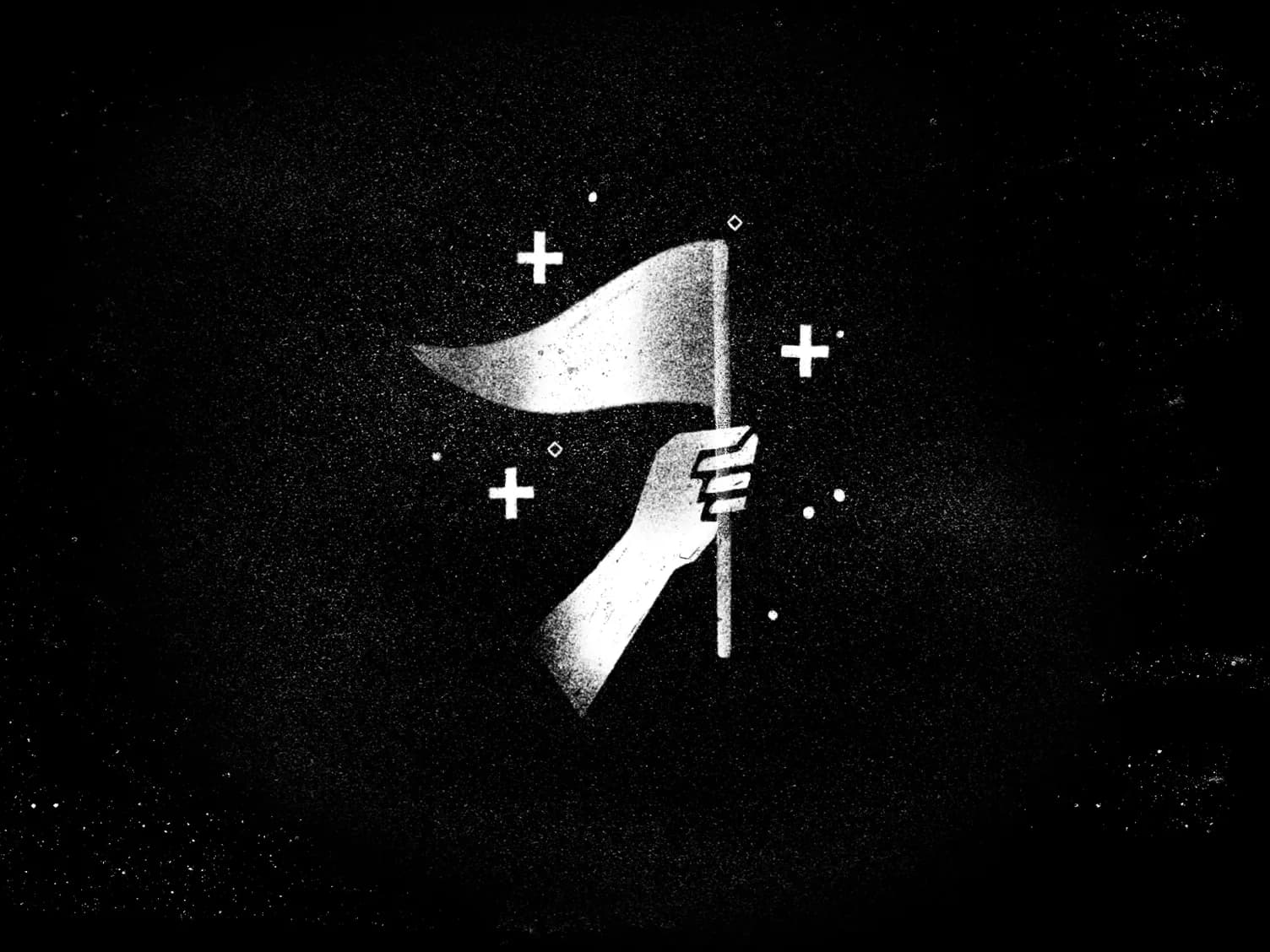 Grainy black-and-white illustration of a hand raising a small flag against a starry sky