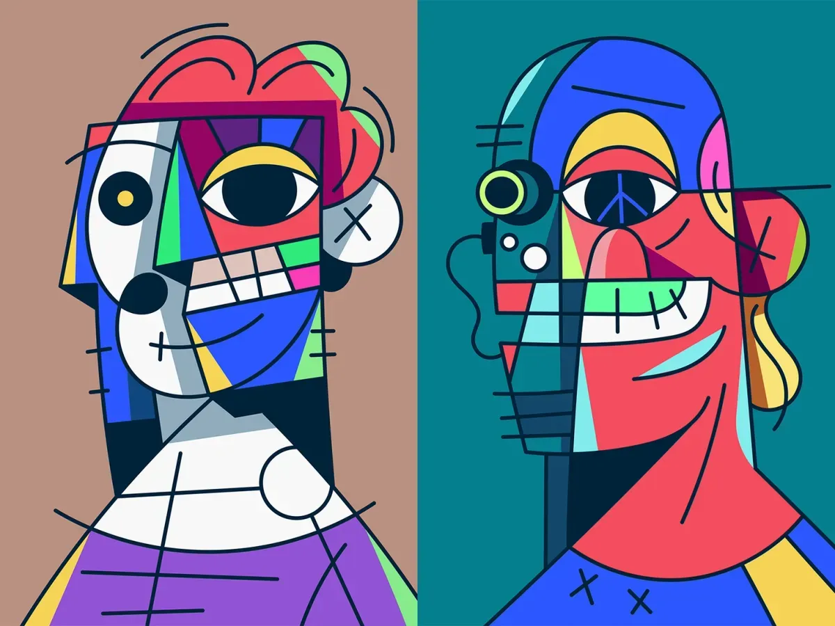 Two abstract cubist-style portraits in bright colours, one on a brown background and one on teal