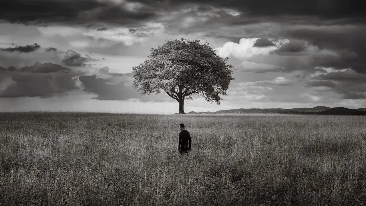 A lone figure standing in an open field facing a single tree under a dark, cloudy sky