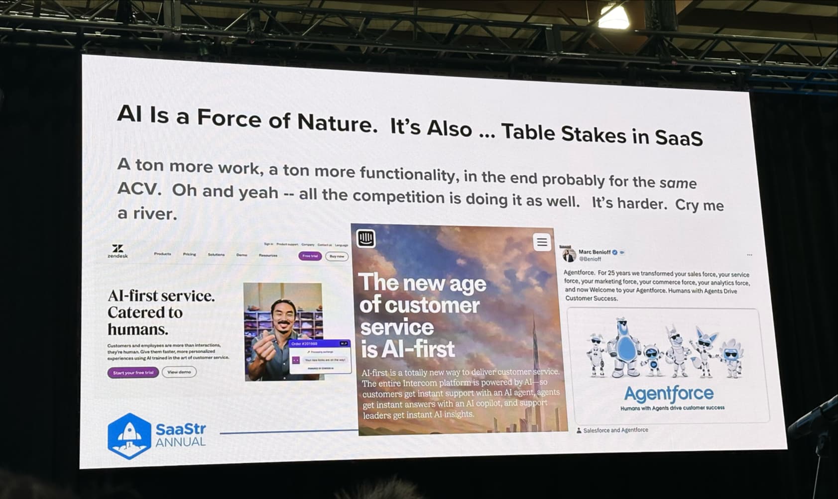 SaaStr Annual slide headed 'AI is a force of nature, it's also table stakes in SaaS', showing AI-first customer service products including Salesforce Agentforce