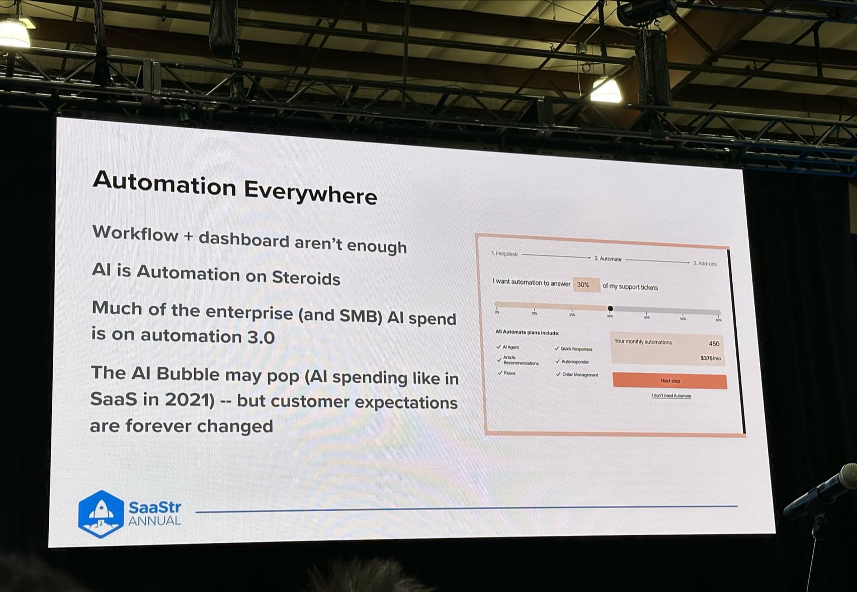 SaaStr Annual slide titled 'Automation everywhere', arguing AI is automation on steroids and that customer expectations have changed for good