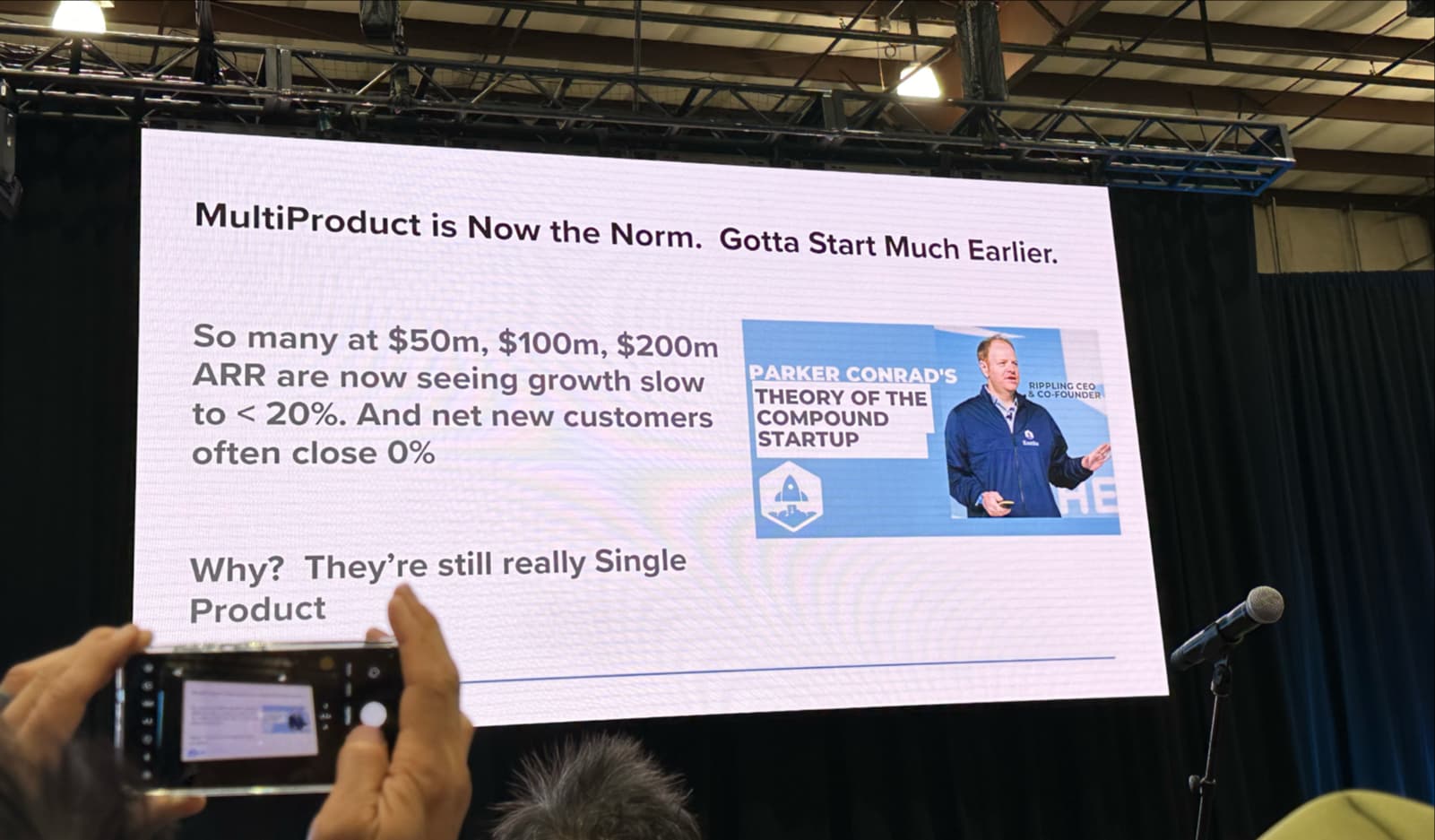 SaaStr Annual slide headed 'Multiproduct is now the norm, gotta start much earlier', citing Parker Conrad's compound startup theory