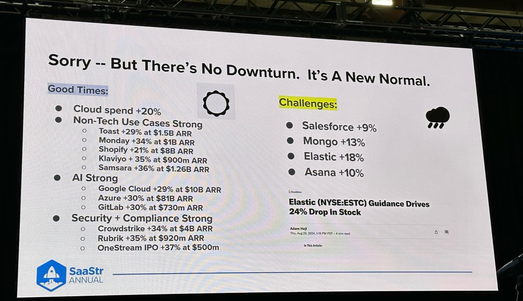 SaaStr Annual slide headed 'Sorry, but there's no downturn, it's a new normal', listing SaaS growth rates against companies whose guidance slipped