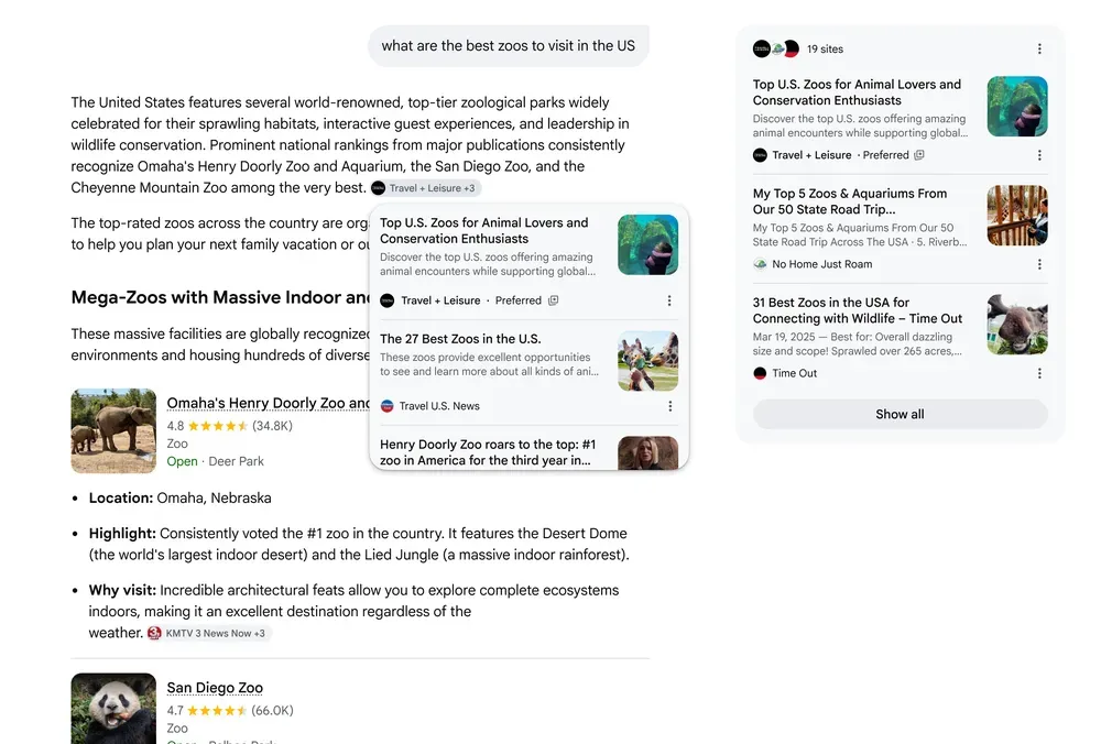 A Google Search result for the best zoos to visit in the US, with Preferred Sources results from Travel + Leisure and Time Out shown alongside