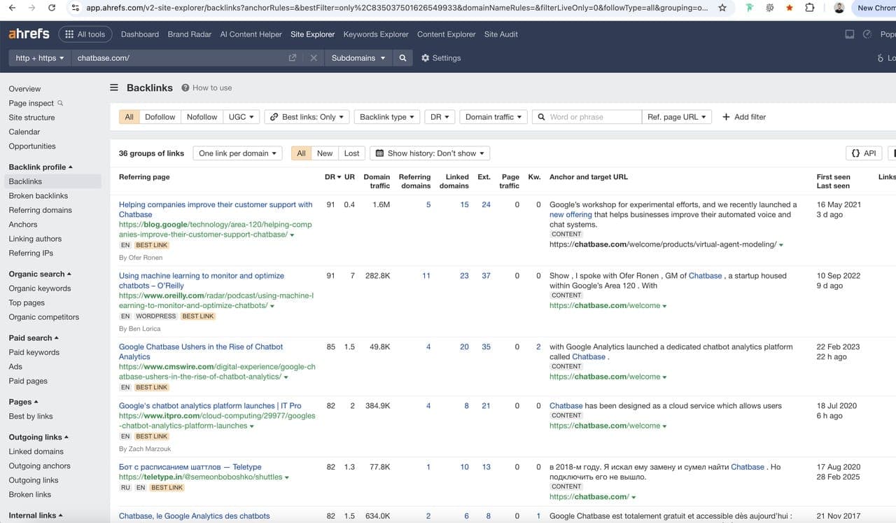 Ahrefs backlinks report for chatbase.com, listing referring pages, domain ratings and anchor text